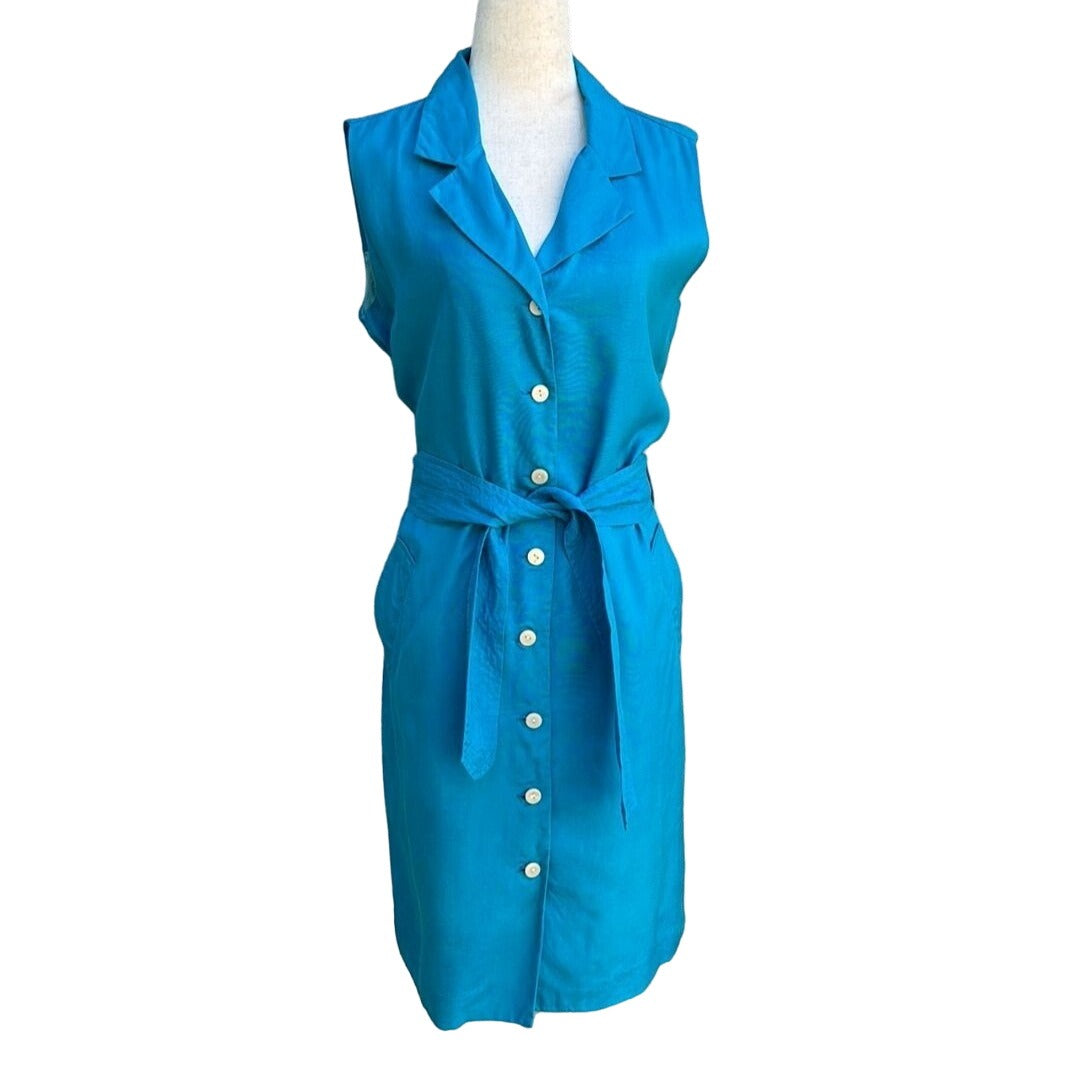 Jacqueline Ferrar Vintage Silk Linen Sleeveless Teal Button-Down Belted Dress 14