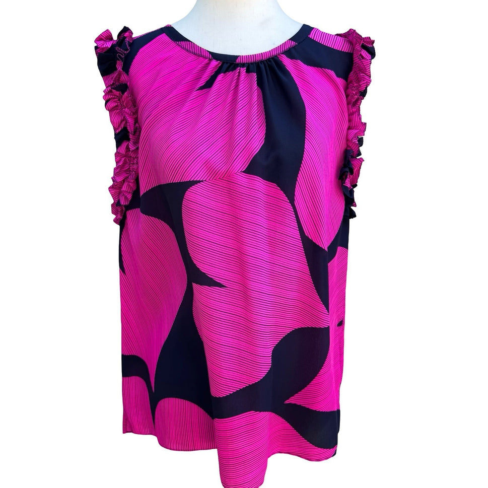 Trina Turk Silk Romantic Heart Stripe Ruffle Feminine Sleeveless Pink Blouse L