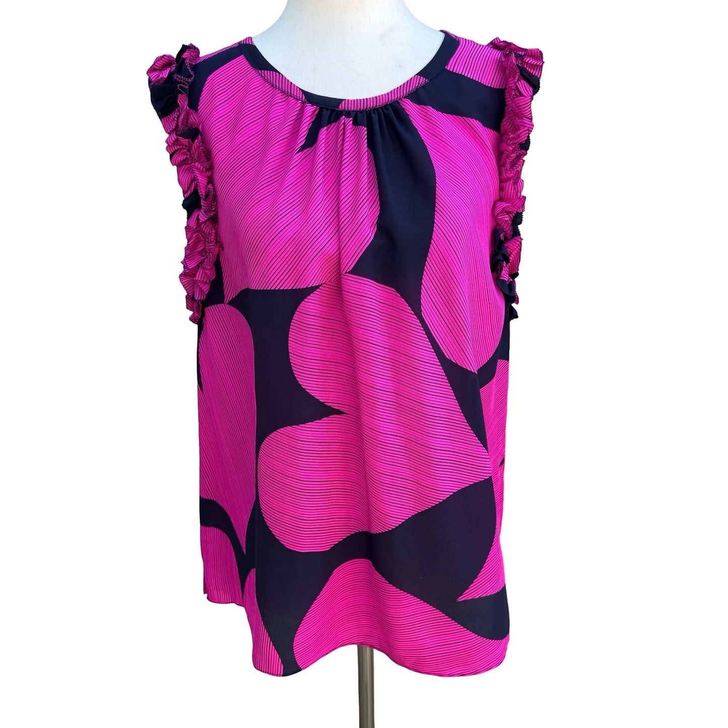 Trina Turk Silk Romantic Heart Stripe Ruffle Feminine Sleeveless Pink Blouse L