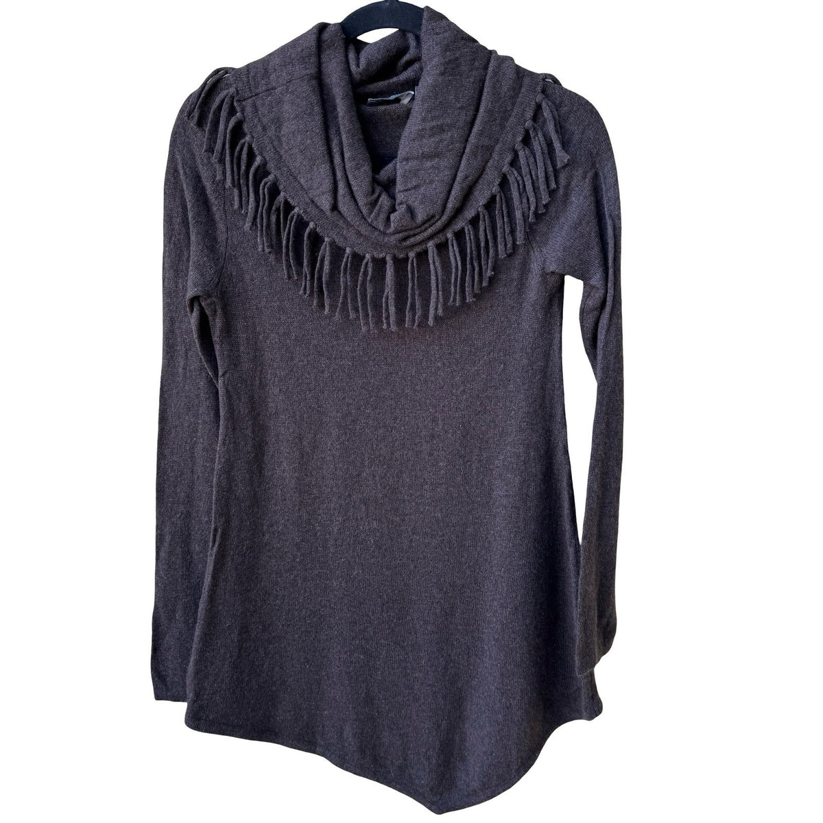Neiman Marcus Cashmere Boho Quiet Luxury Fringe Cowl Neck Tunic Sweater Brown S
