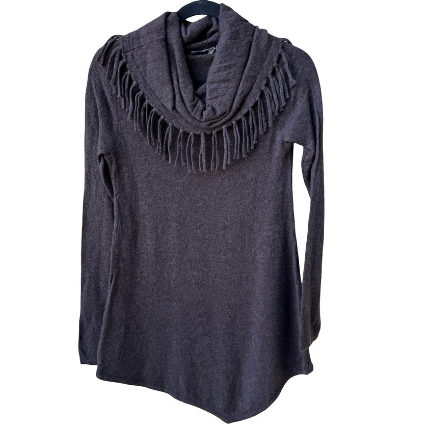 Neiman Marcus Cashmere Boho Quiet Luxury Fringe Cowl Neck Tunic Sweater Brown S