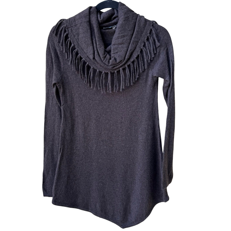 Neiman Marcus Cashmere Boho Quiet Luxury Fringe Cowl Neck Tunic Sweater Brown S