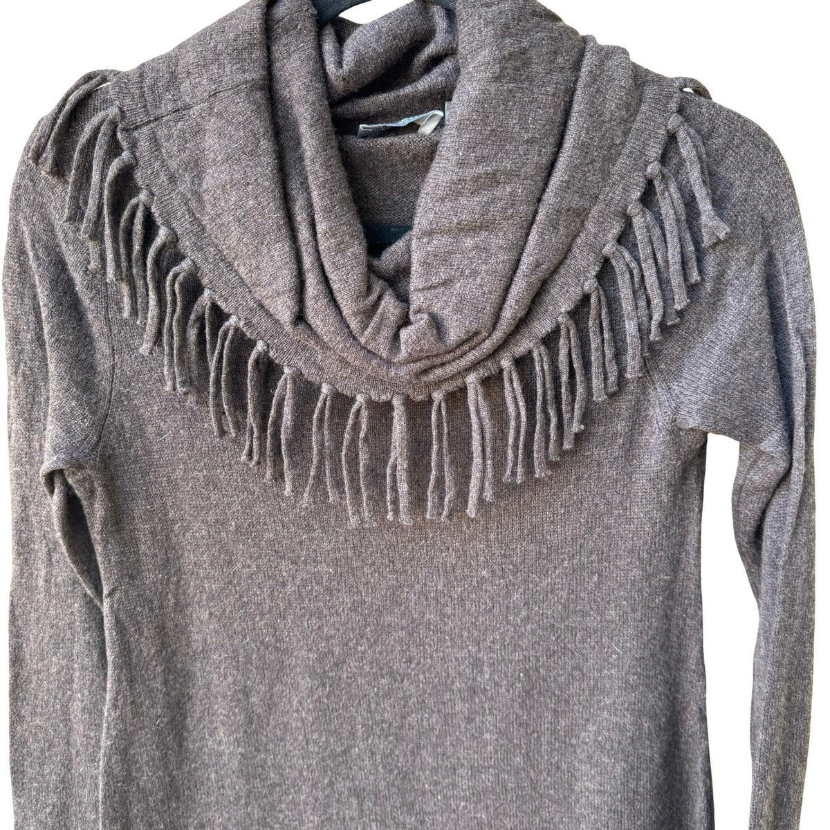 Neiman Marcus Cashmere Boho Quiet Luxury Fringe Cowl Neck Tunic Sweater Brown S