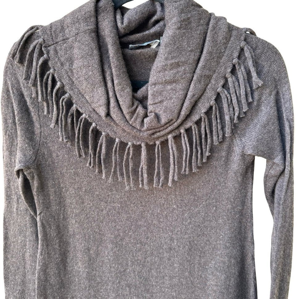 Neiman Marcus Cashmere Boho Quiet Luxury Fringe Cowl Neck Tunic Sweater Brown S