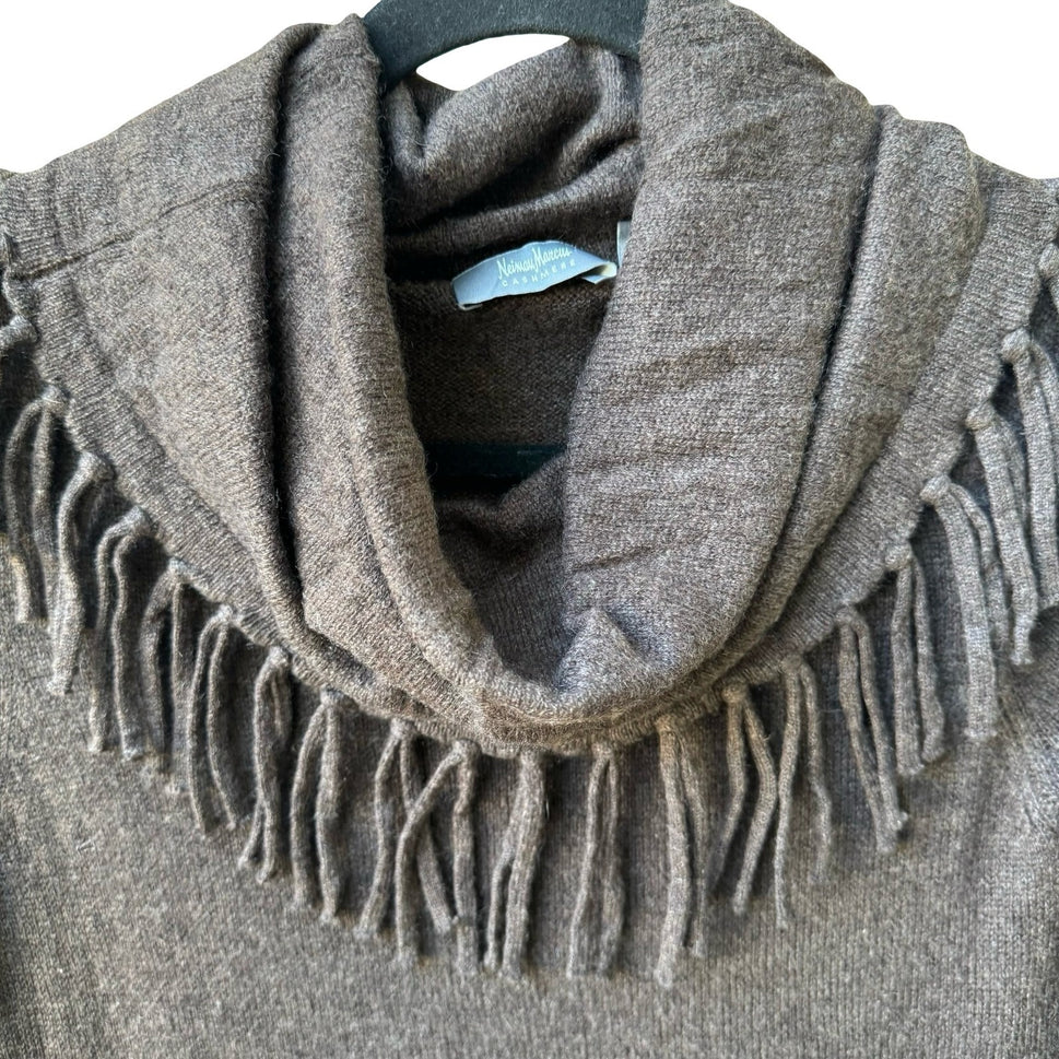 Neiman Marcus Cashmere Boho Quiet Luxury Fringe Cowl Neck Tunic Sweater Brown S