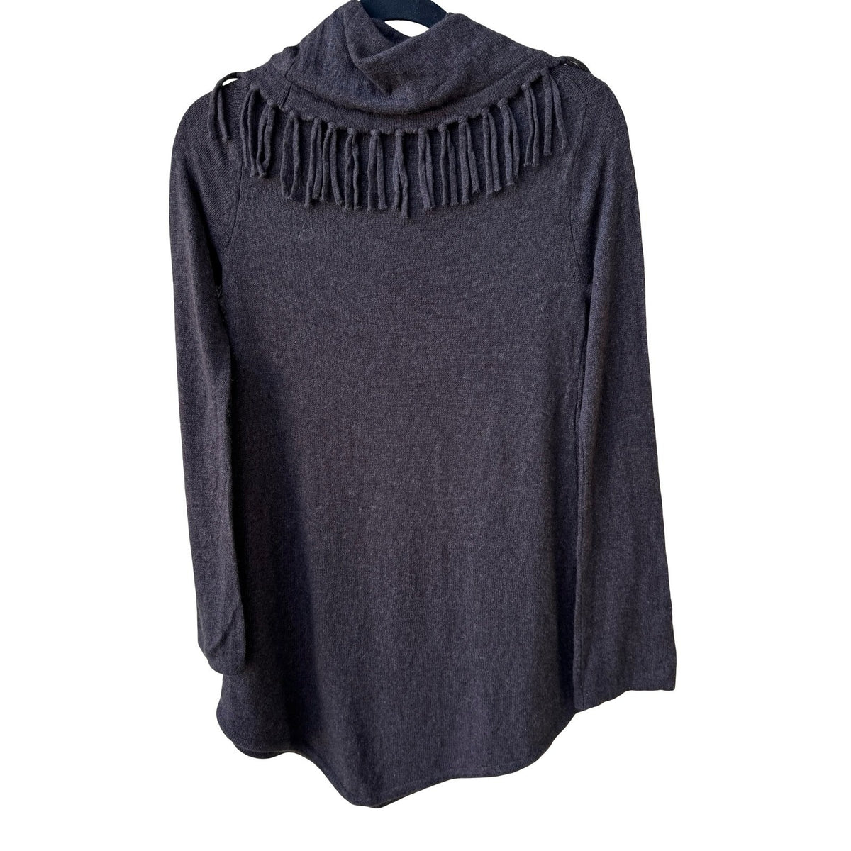 Neiman Marcus Cashmere Boho Quiet Luxury Fringe Cowl Neck Tunic Sweater Brown S