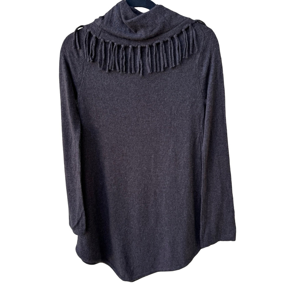 Neiman Marcus Cashmere Boho Quiet Luxury Fringe Cowl Neck Tunic Sweater Brown S