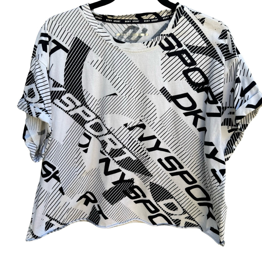 DKNY Sport Y2K All Over Logo Print Boxy Cropped Shirt Streetwear White Womens XL