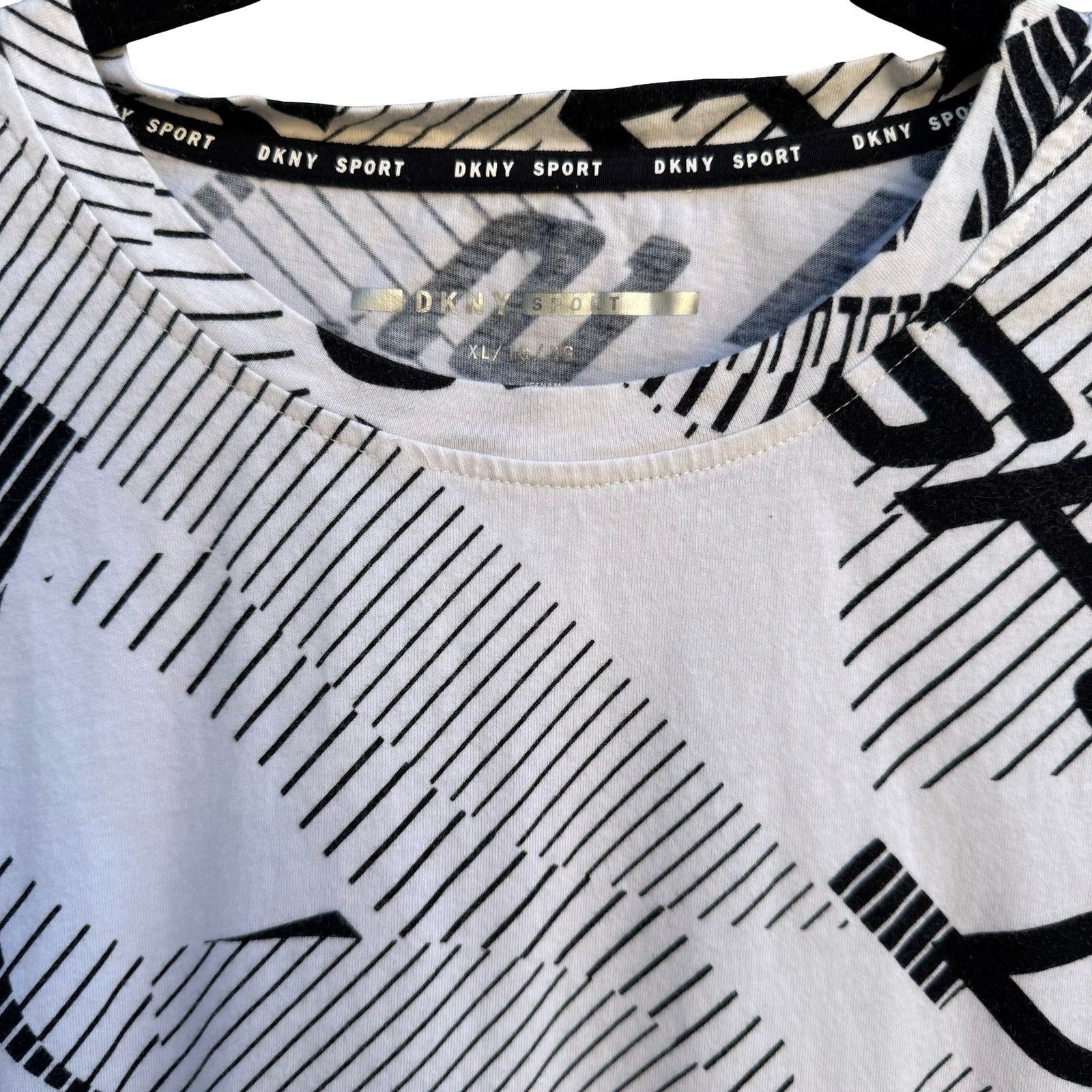 DKNY Sport Y2K All Over Logo Print Boxy Cropped Shirt Streetwear White Womens XL