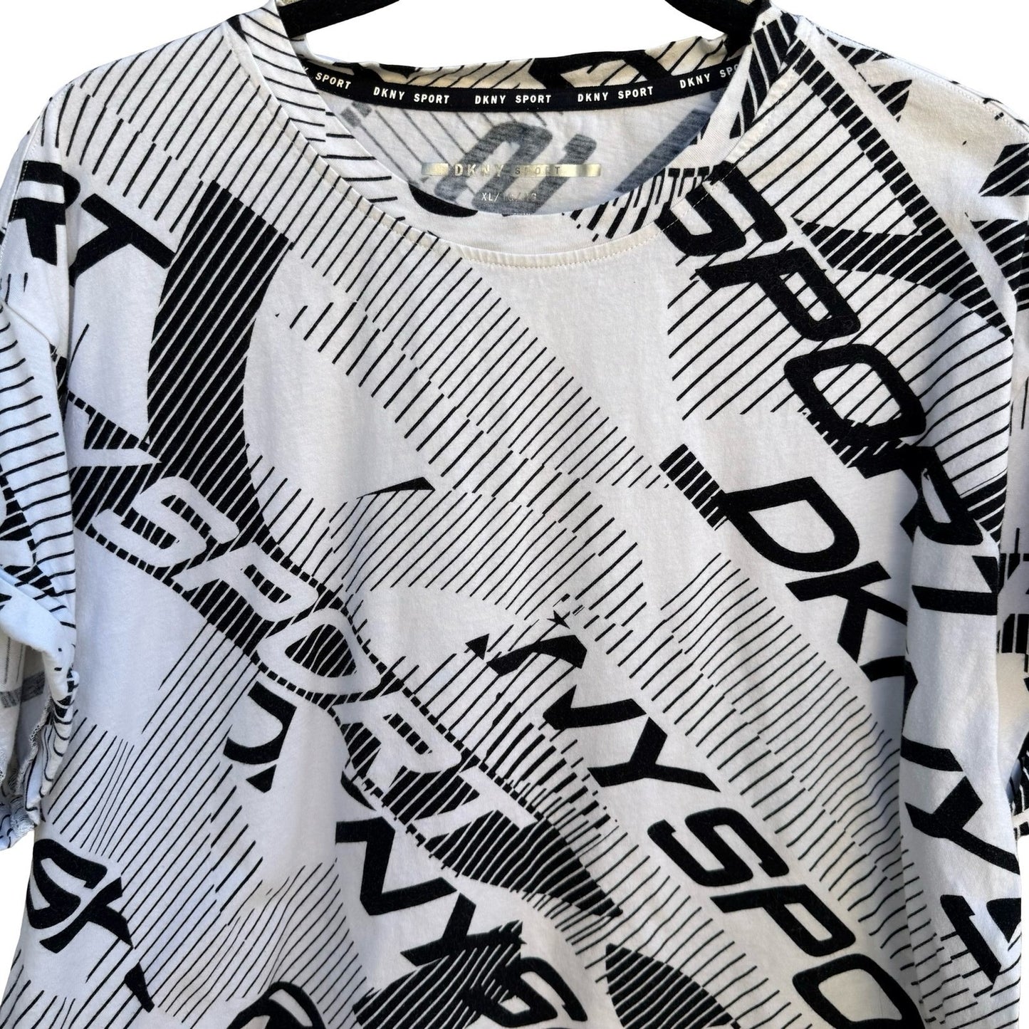 DKNY Sport Y2K All Over Logo Print Boxy Cropped Shirt Streetwear White Womens XL