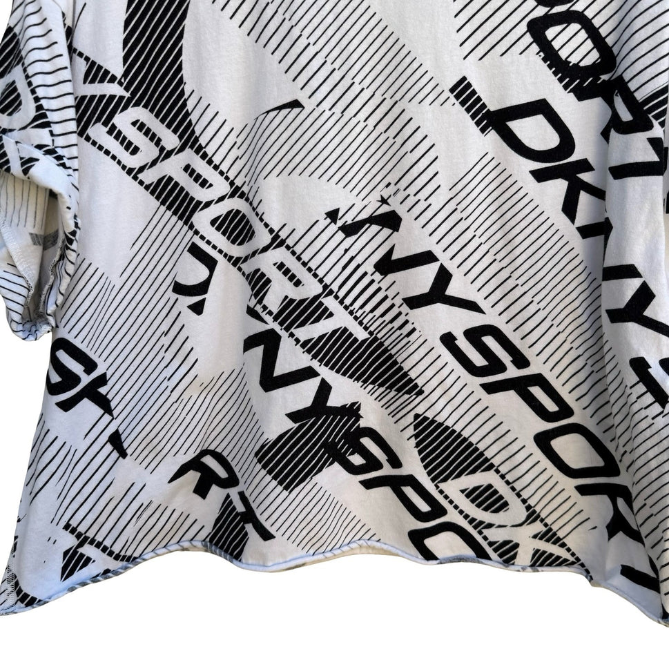DKNY Sport Y2K All Over Logo Print Boxy Cropped Shirt Streetwear White Womens XL