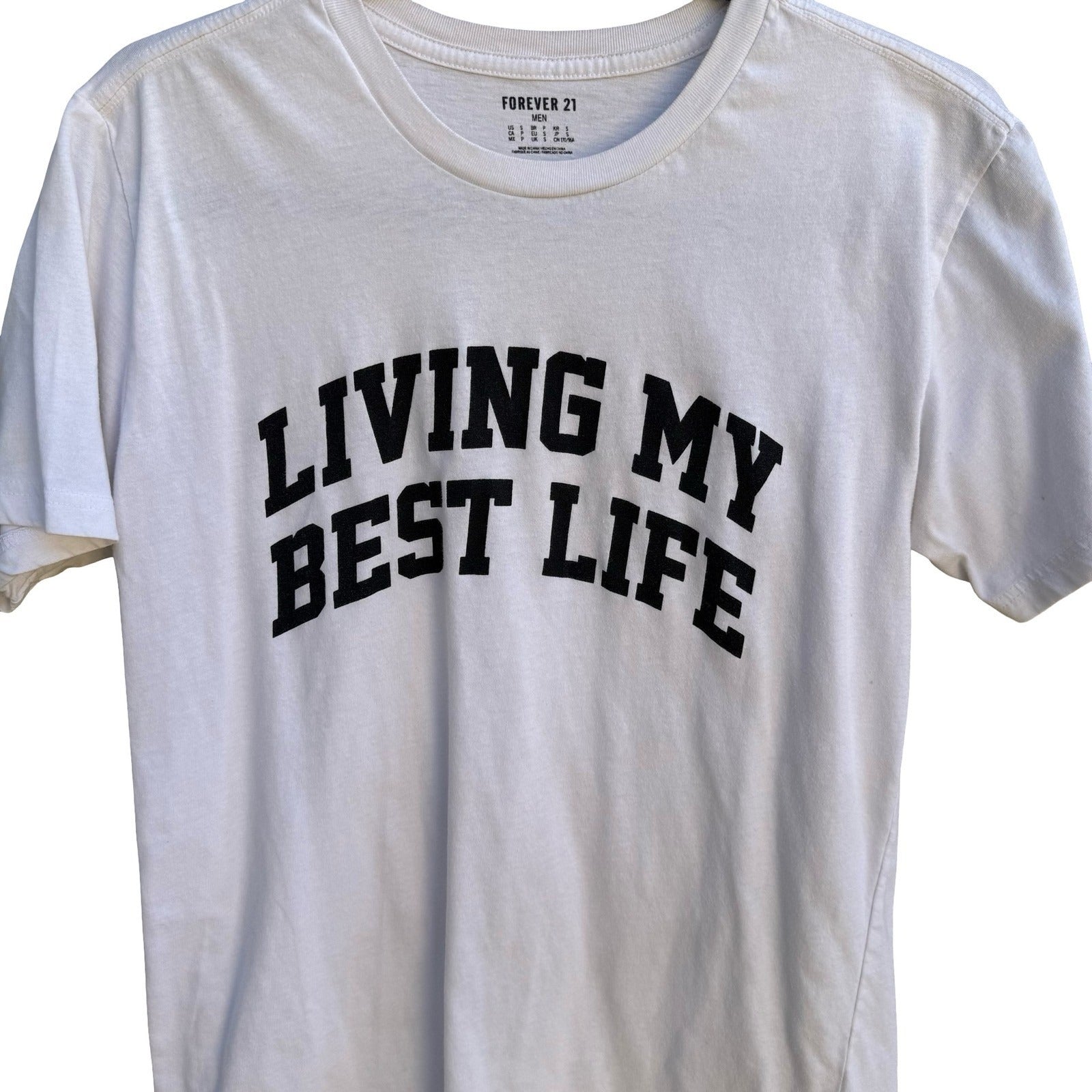 Forever 21 Living My Best Life Graphic Shirt Streetwear Collegiate White Mens S