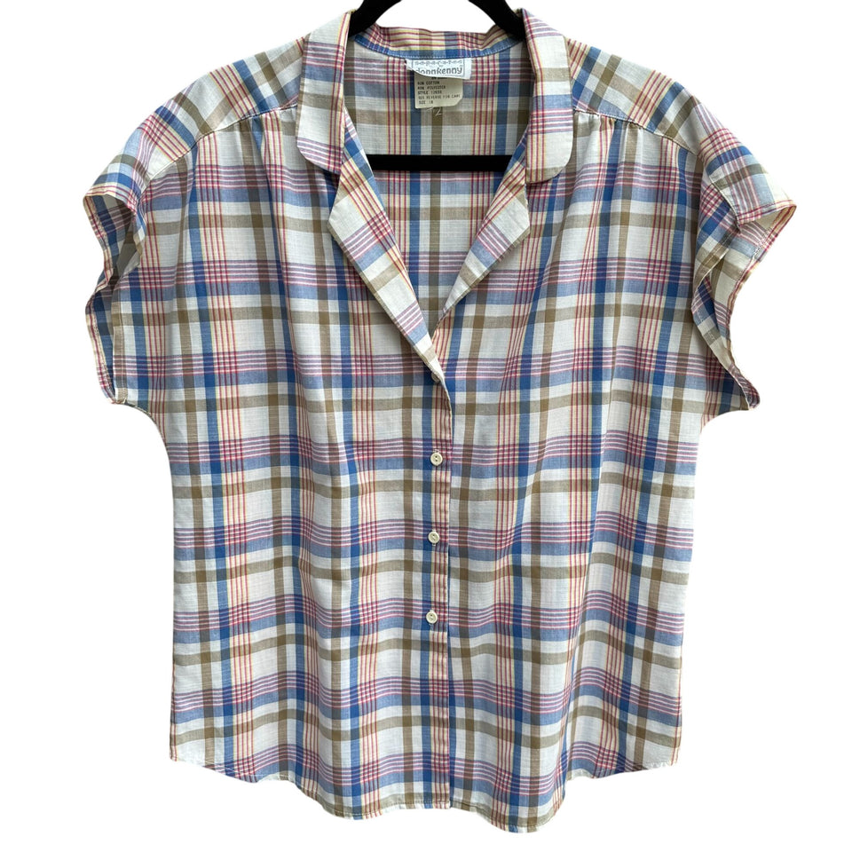 Donnkenny Vintage 70s 80s Womens Retro Plaid Button-Up Cap Sleeve Shirt 18