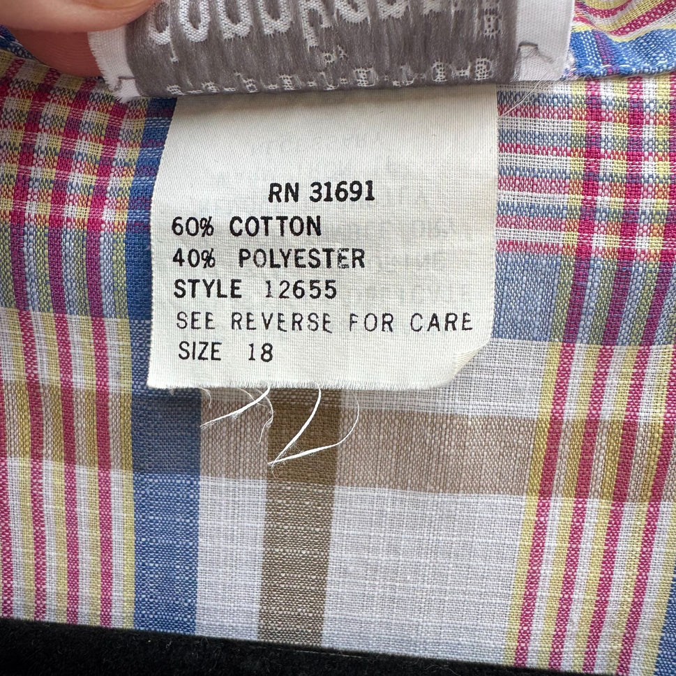 Donnkenny Vintage 70s 80s Womens Retro Plaid Button-Up Cap Sleeve Shirt 18