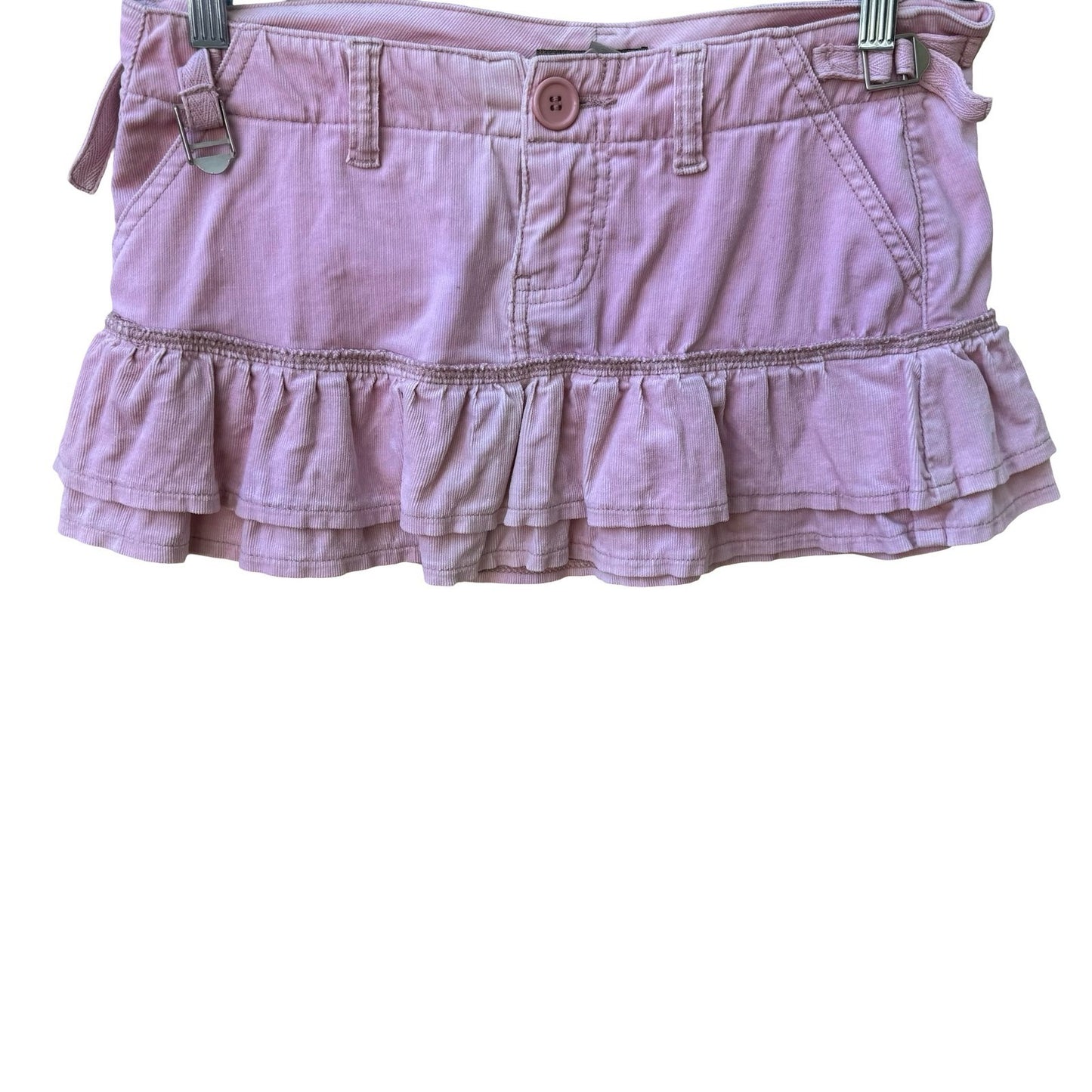 Fornarina Y2K Coquette Pink Corduroy Ruffle Micro Mini Skirt Low Rise Buckle S