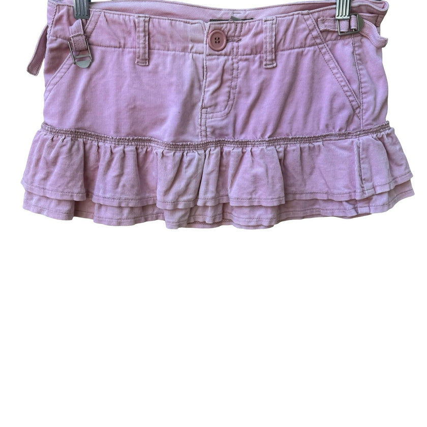 Fornarina Y2K Coquette Pink Corduroy Ruffle Micro Mini Skirt Low Rise Buckle S