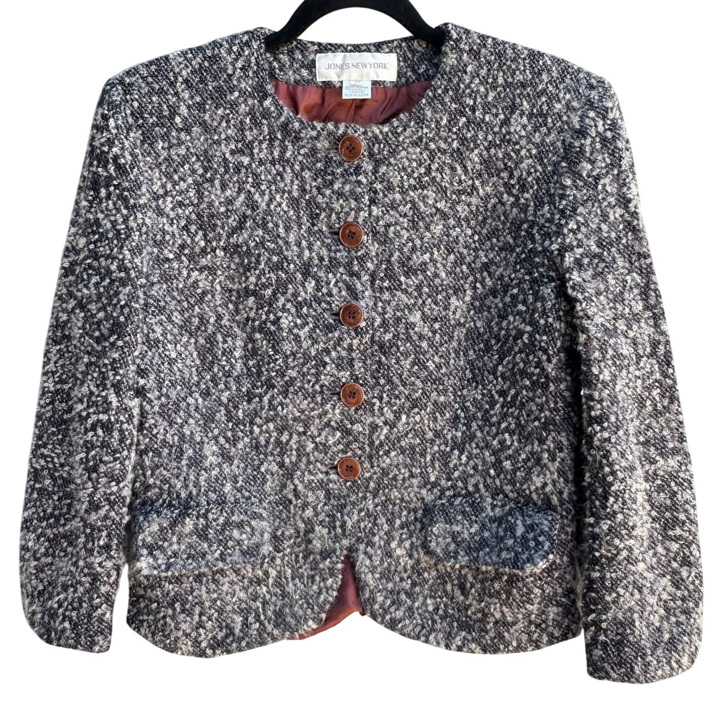 Jones New York Vintage Womens Brown Gray Tweed Wool Blend Boucle Jacket Blazer 10