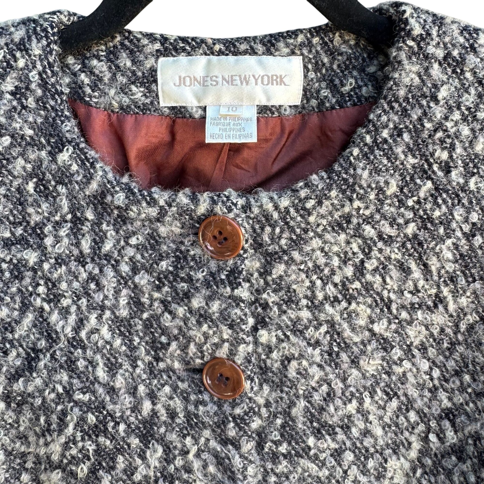 Jones New York Vintage Womens Brown Gray Tweed Wool Blend Boucle Jacket Blazer 10