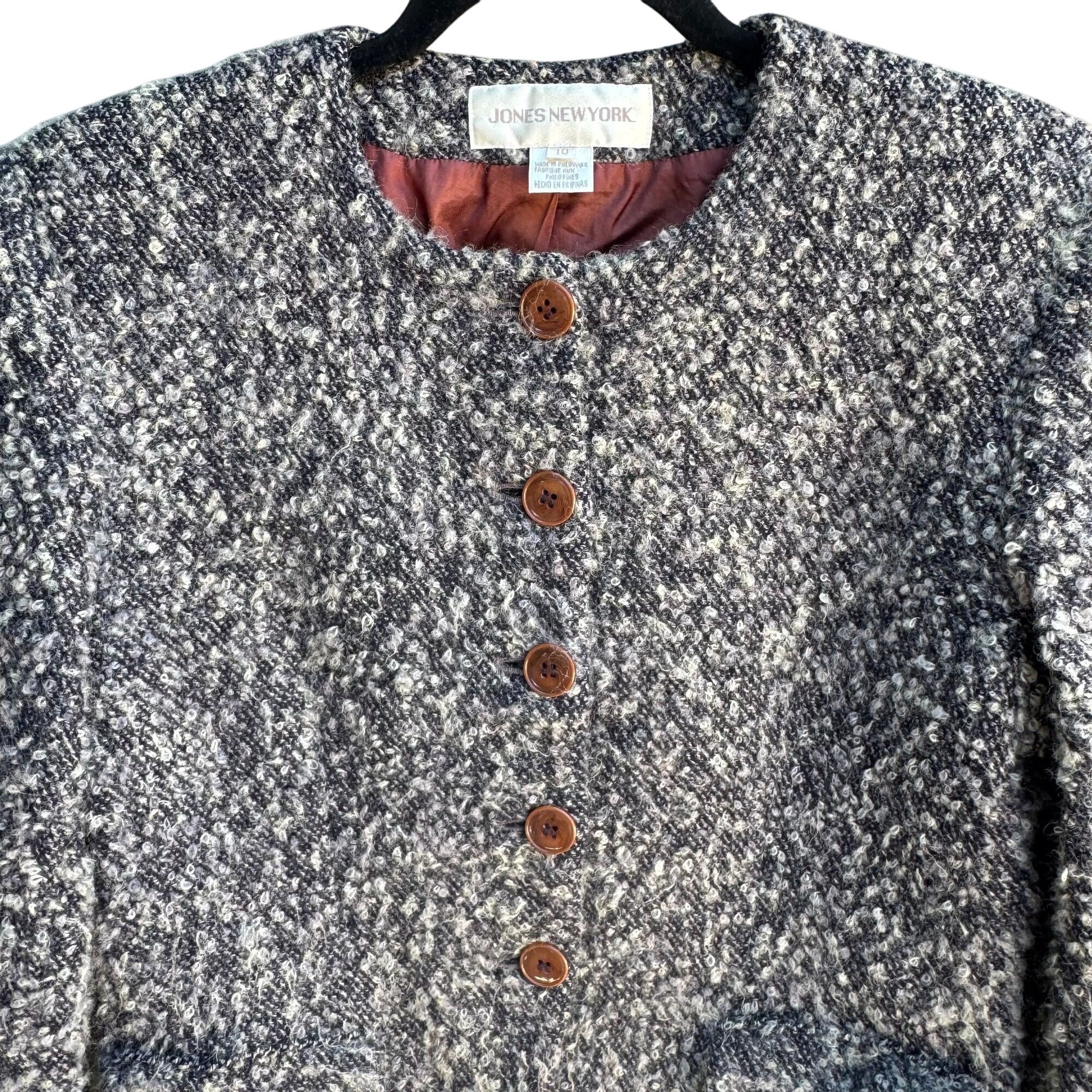 Jones New York Vintage Womens Brown Gray Tweed Wool Blend Boucle Jacket Blazer 10