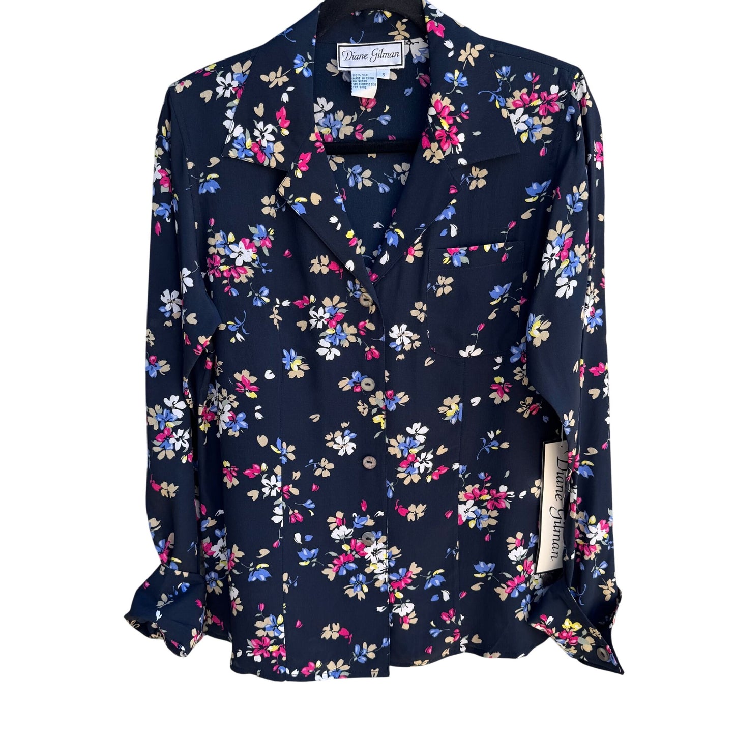 Diane Gilman Navy Floral Button-Up Silk Long Sleeve French Cuff Blouse New S