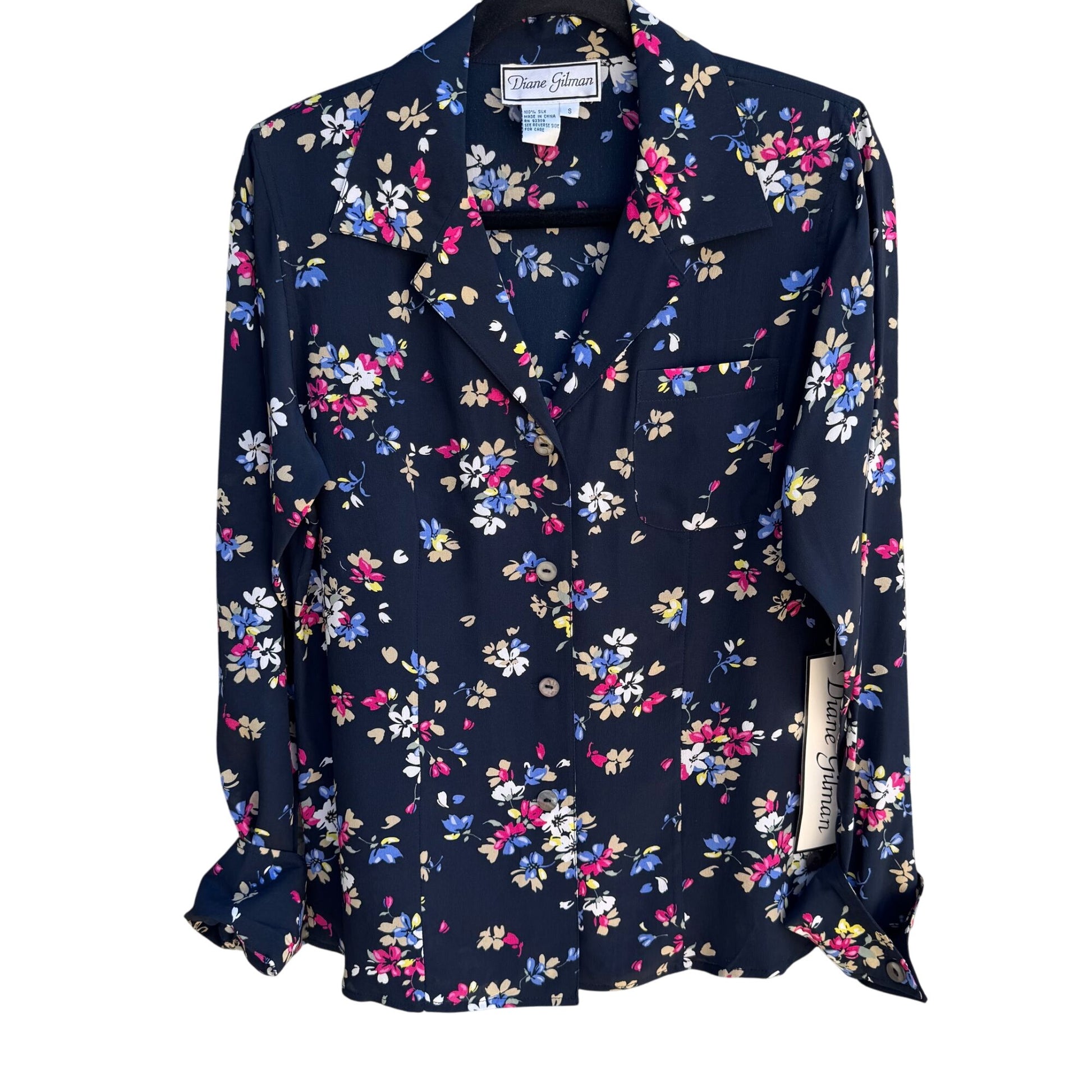 Diane Gilman Navy Floral Button-Up Silk Long Sleeve French Cuff Blouse New S