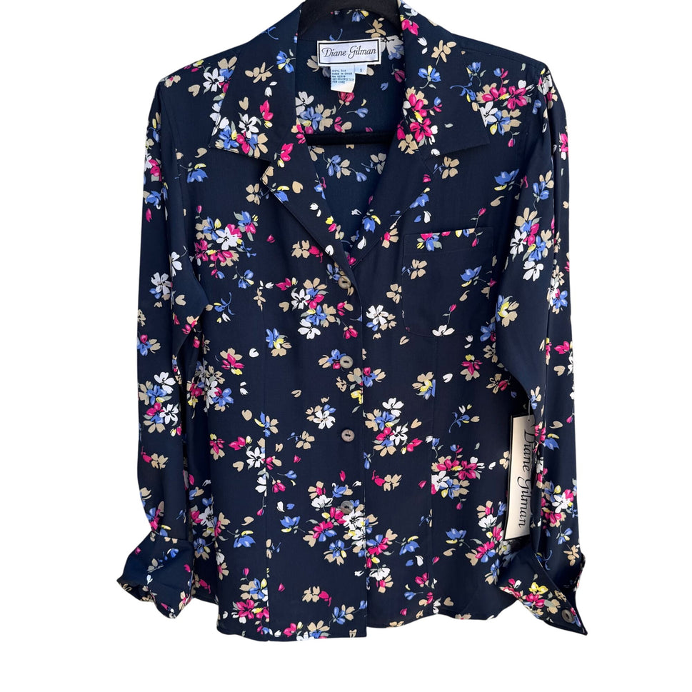 Diane Gilman Navy Floral Button-Up Silk Long Sleeve French Cuff Blouse New S
