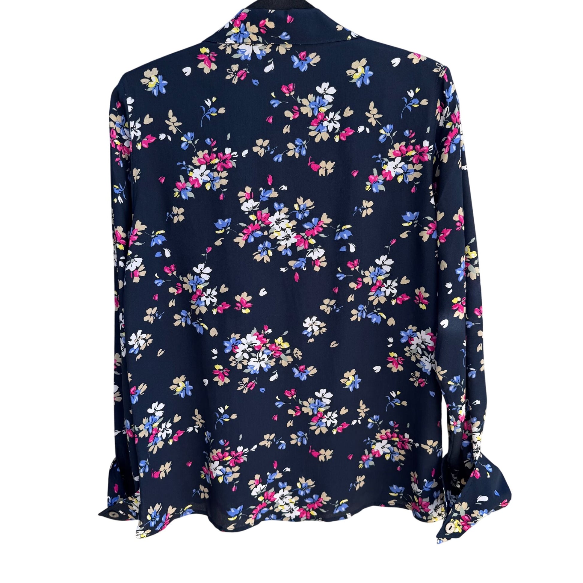 Diane Gilman Navy Floral Button-Up Silk Long Sleeve French Cuff Blouse New S