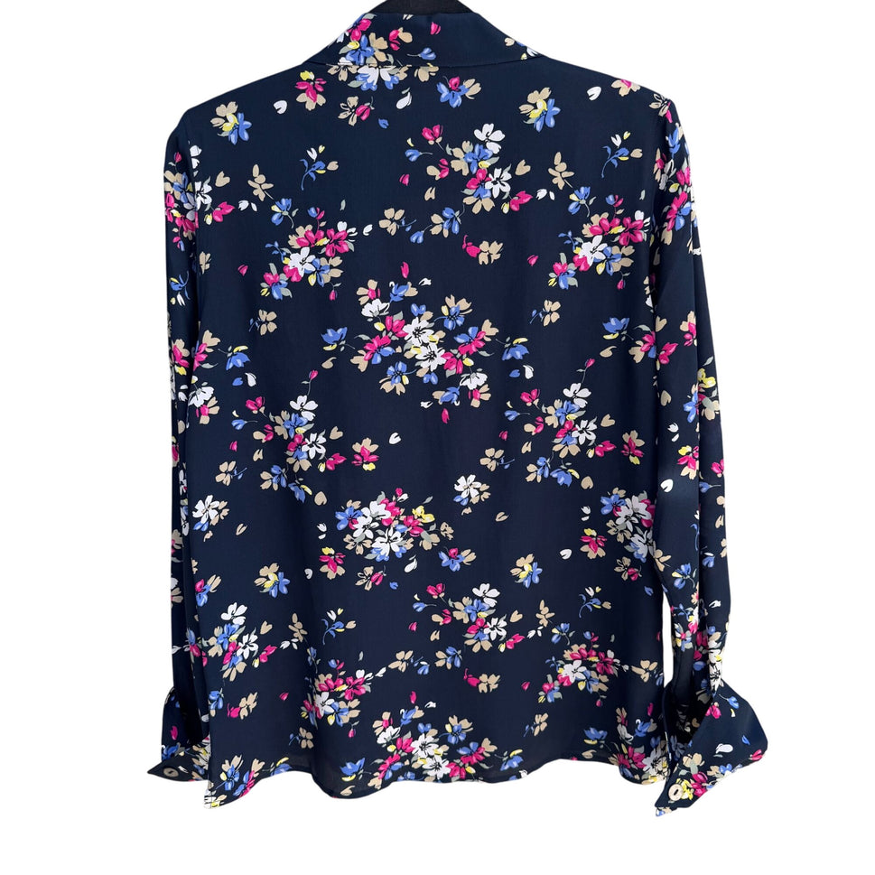Diane Gilman Navy Floral Button-Up Silk Long Sleeve French Cuff Blouse New S