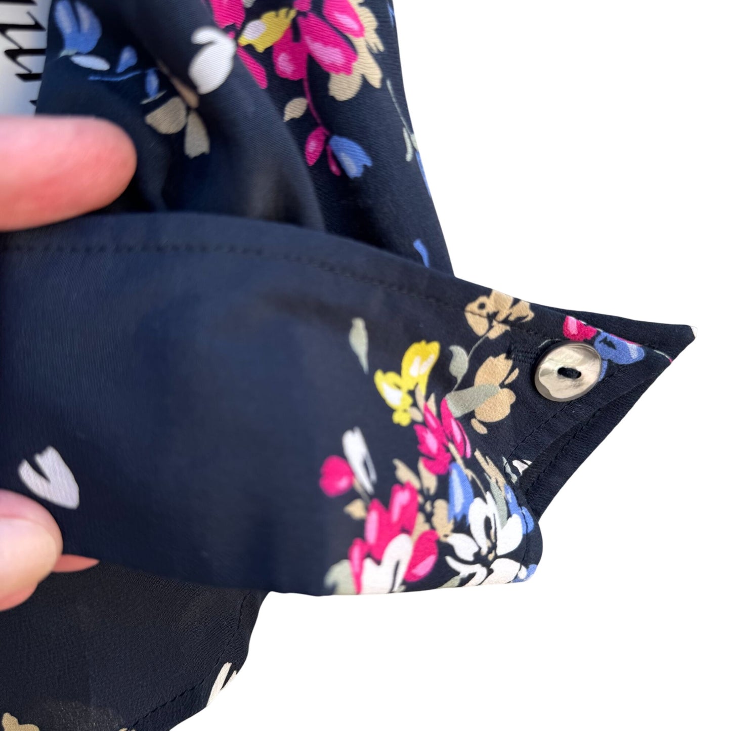 Diane Gilman Navy Floral Button-Up Silk Long Sleeve French Cuff Blouse New S