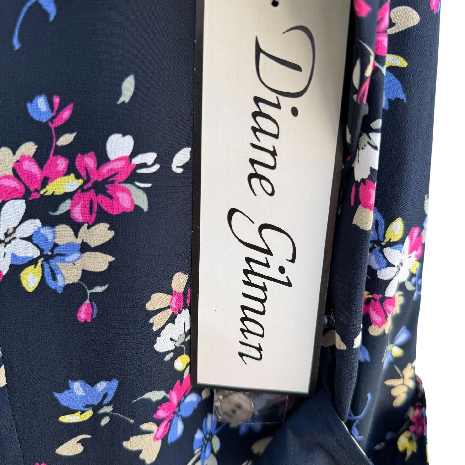 Diane Gilman Navy Floral Button-Up Silk Long Sleeve French Cuff Blouse New S