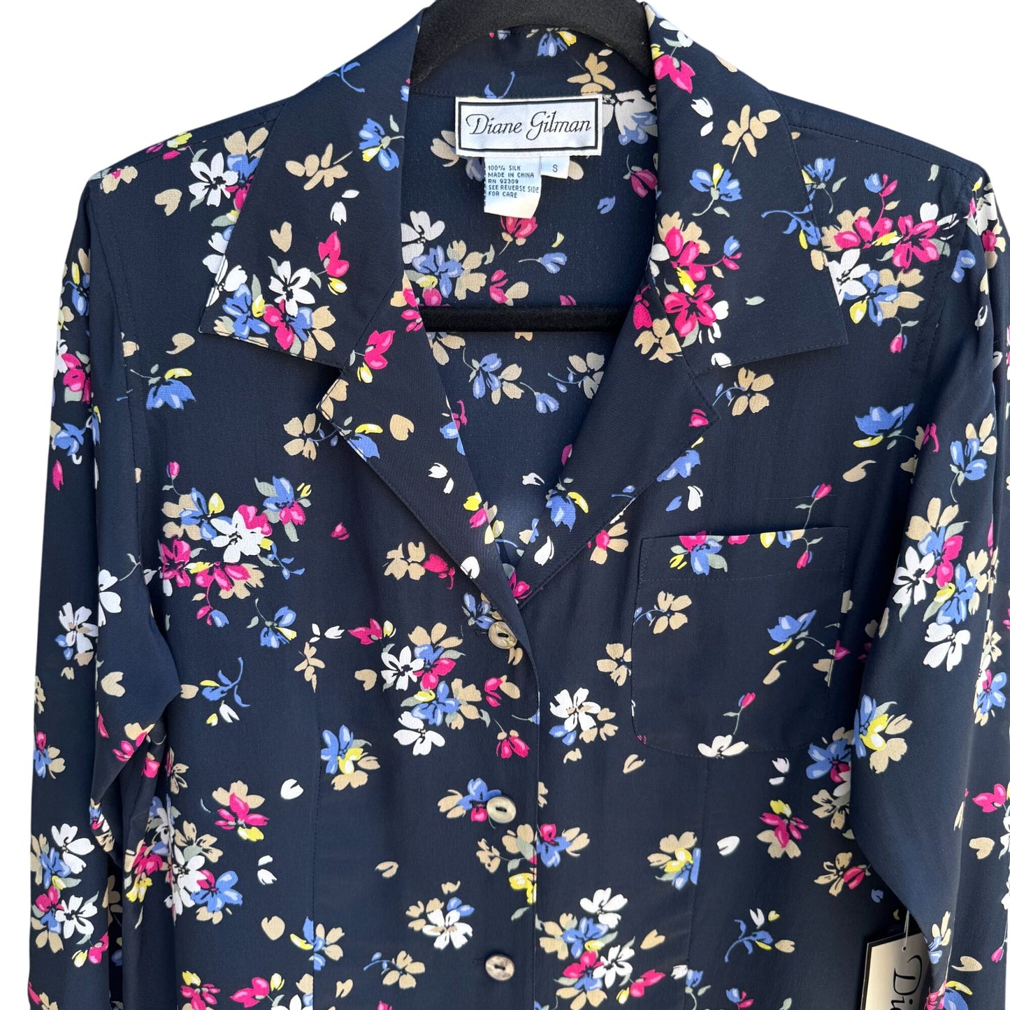 Diane Gilman Navy Floral Button-Up Silk Long Sleeve French Cuff Blouse New S