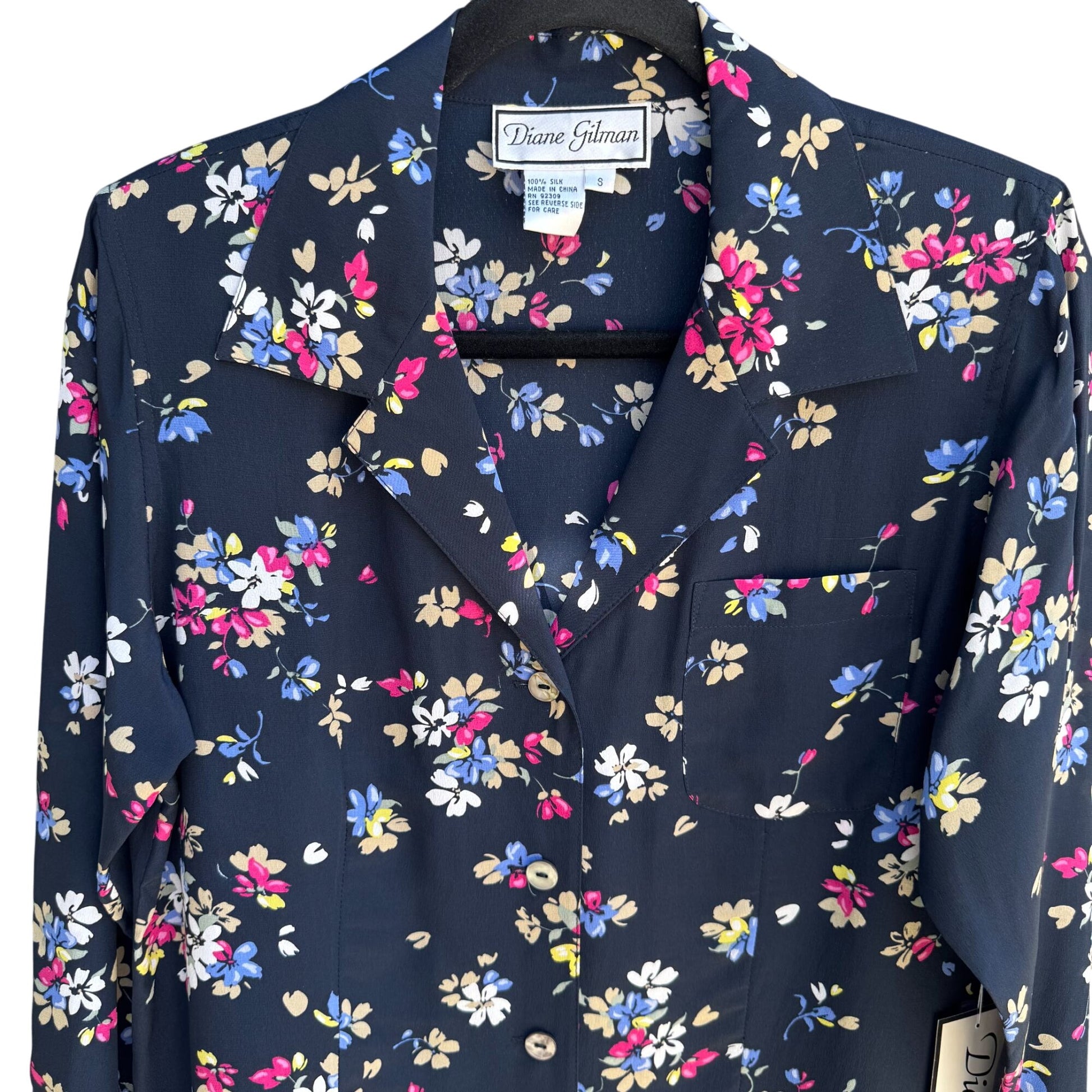 Diane Gilman Navy Floral Button-Up Silk Long Sleeve French Cuff Blouse New S