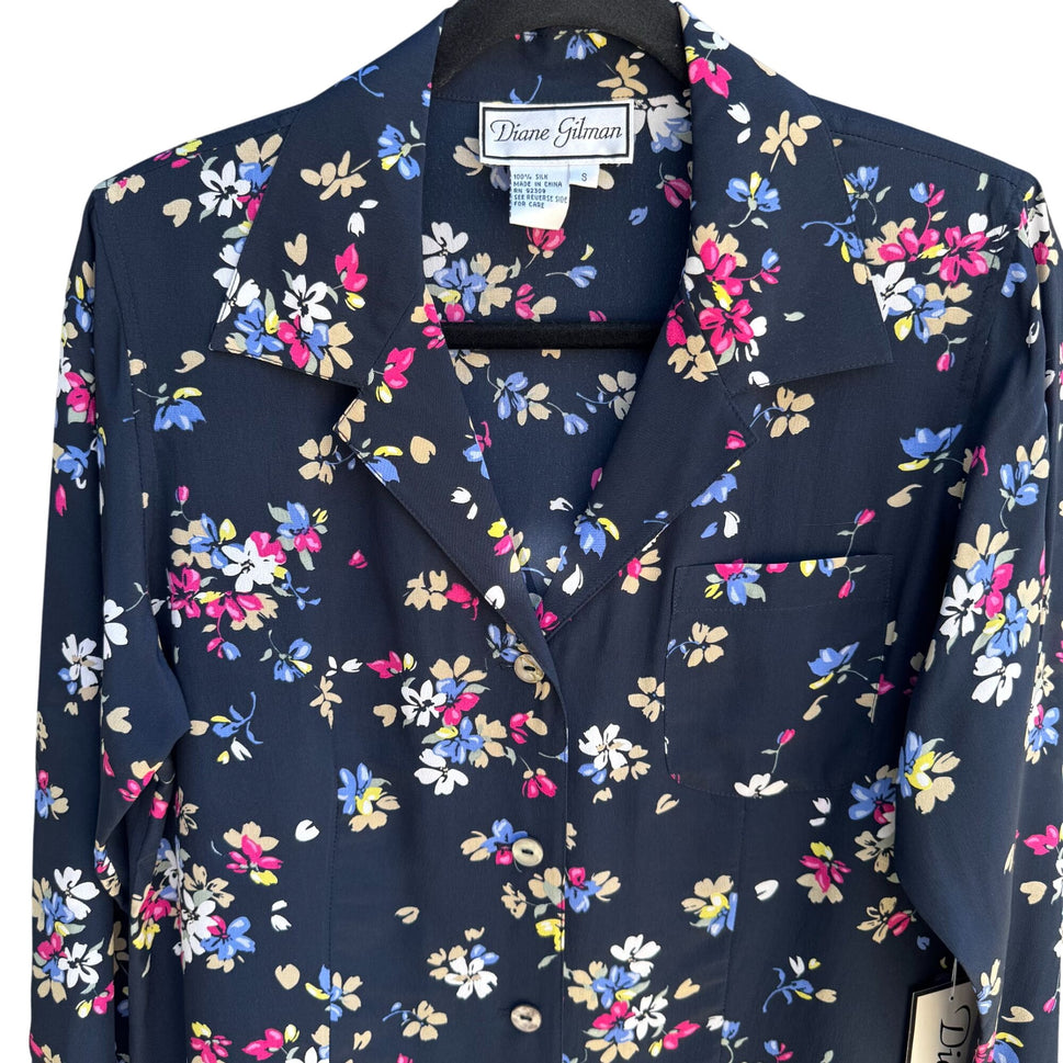 Diane Gilman Navy Floral Button-Up Silk Long Sleeve French Cuff Blouse New S