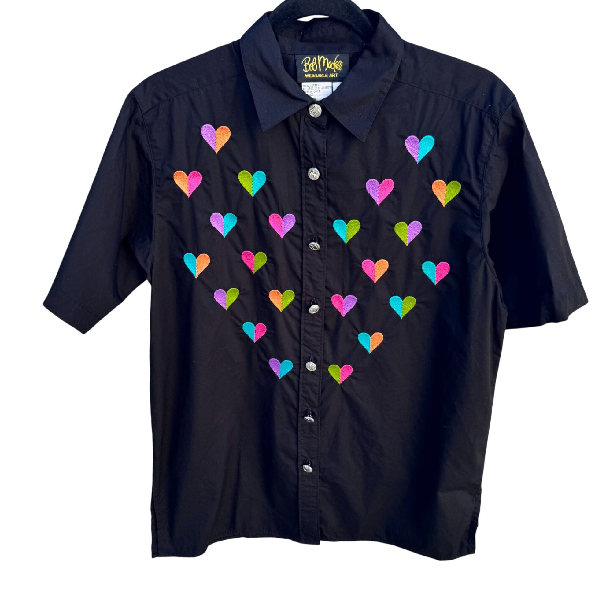 Bob Mackie Wearable Art Vintage Womens Black Button-Up Embroidered Heart Shirt S