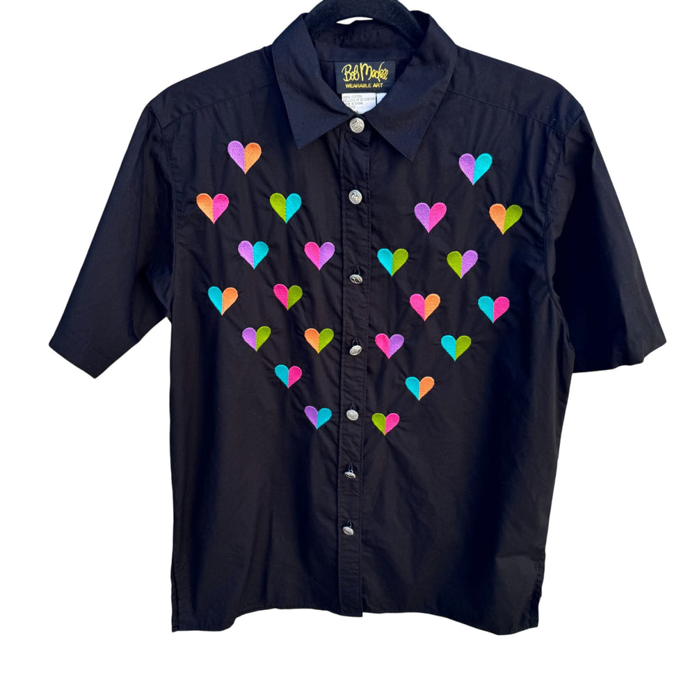 Bob Mackie Wearable Art Vintage Womens Black Button-Up Embroidered Heart Shirt S