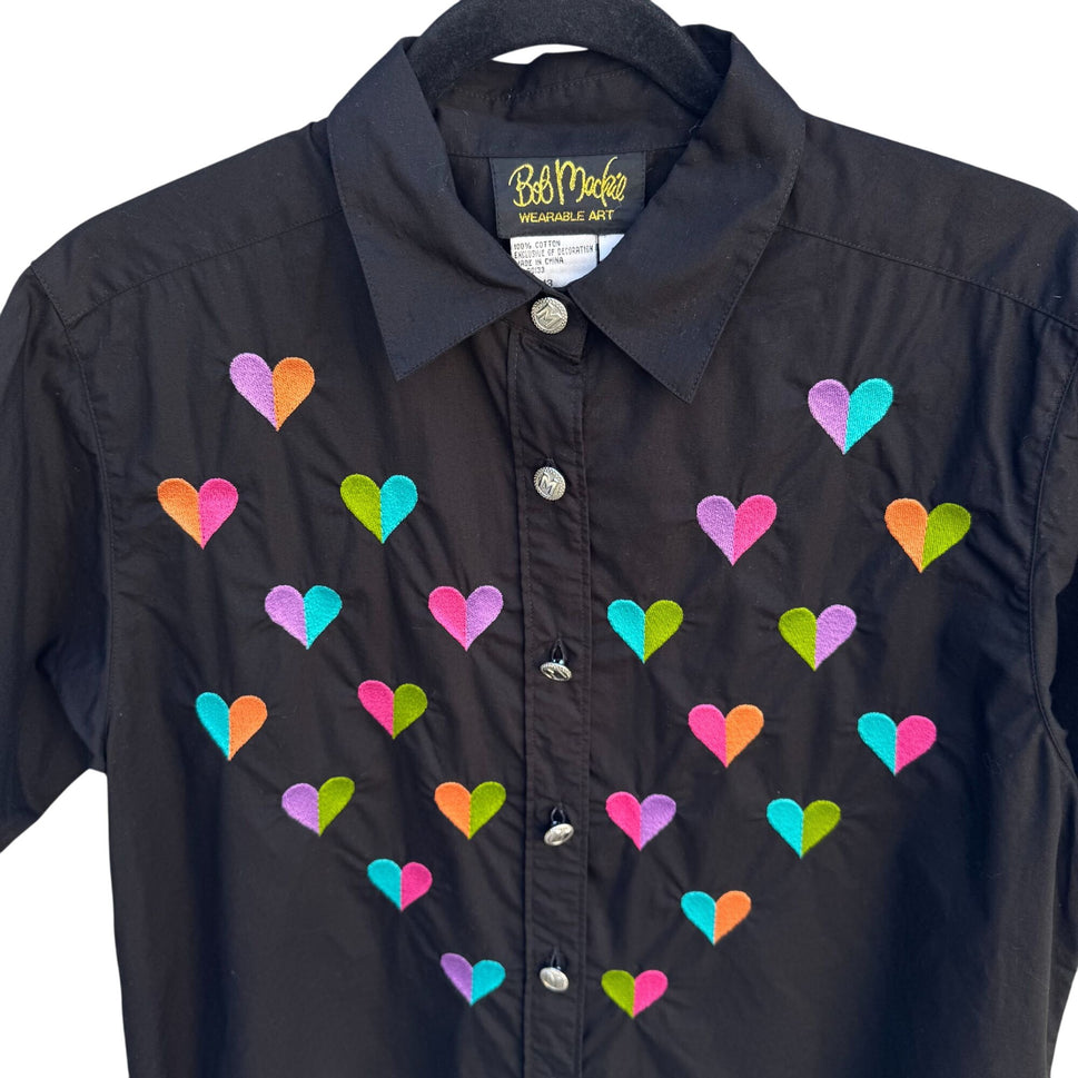 Bob Mackie Wearable Art Vintage Womens Black Button-Up Embroidered Heart Shirt S