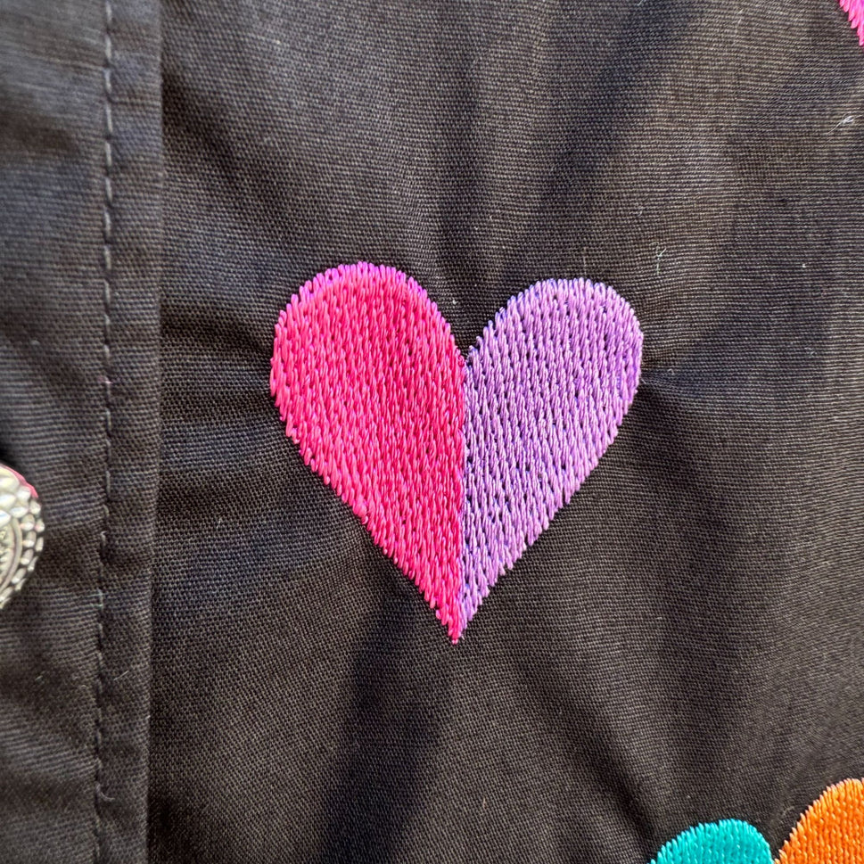 Bob Mackie Wearable Art Vintage Womens Black Button-Up Embroidered Heart Shirt S