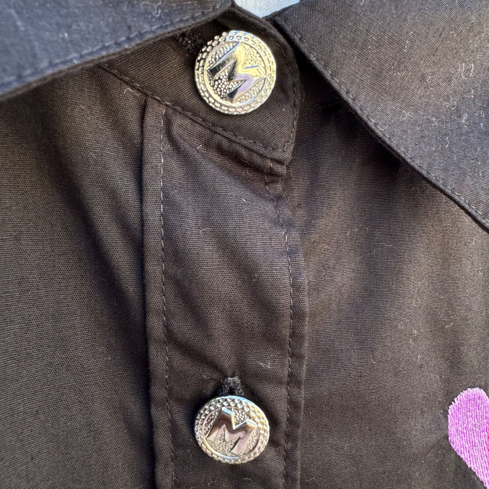 Bob Mackie Wearable Art Vintage Womens Black Button-Up Embroidered Heart Shirt S