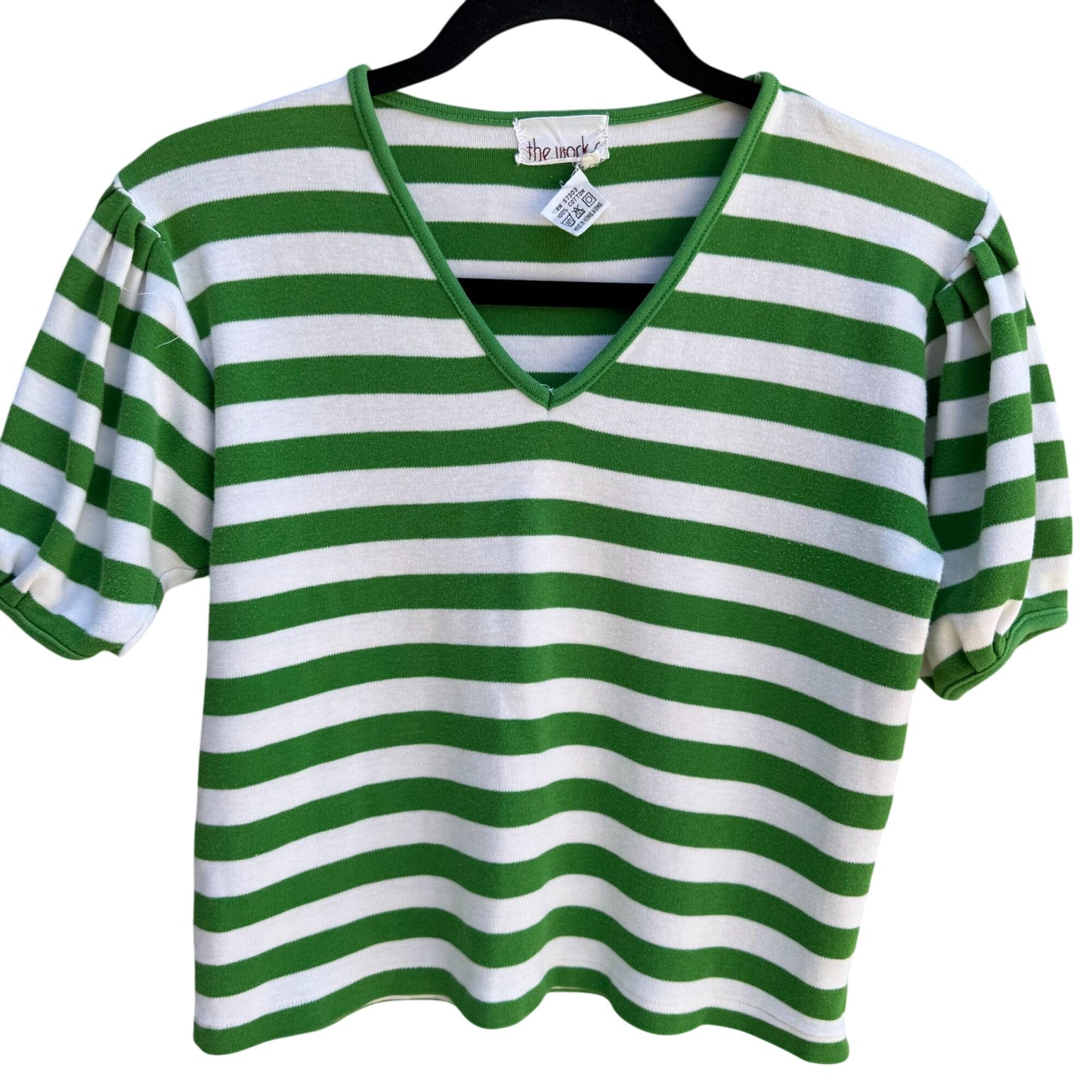 The Works Vintage Womens Green White Striped Pleated Puff Sleeve V-Neck Crop Top