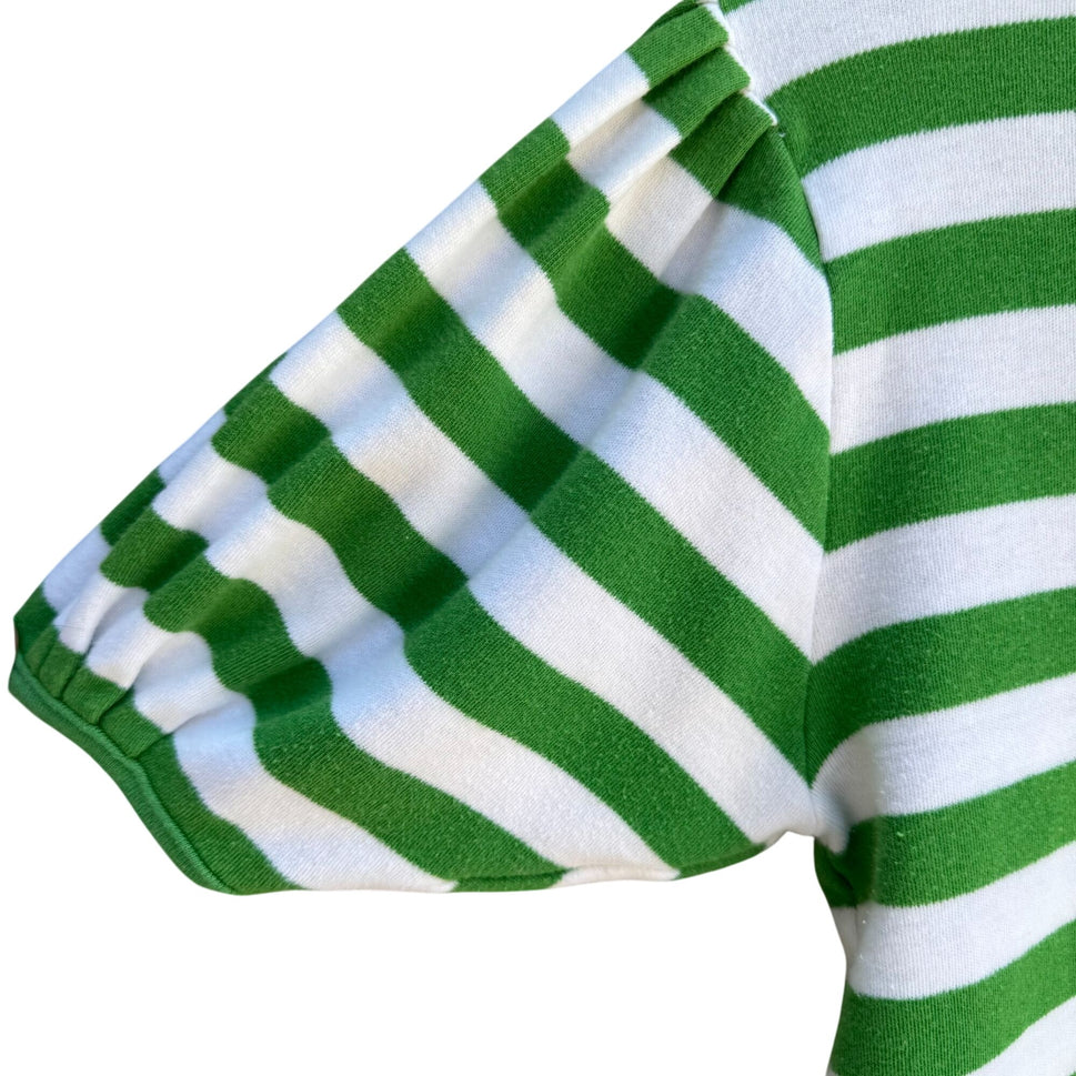 The Works Vintage Womens Green White Striped Pleated Puff Sleeve V-Neck Crop Top