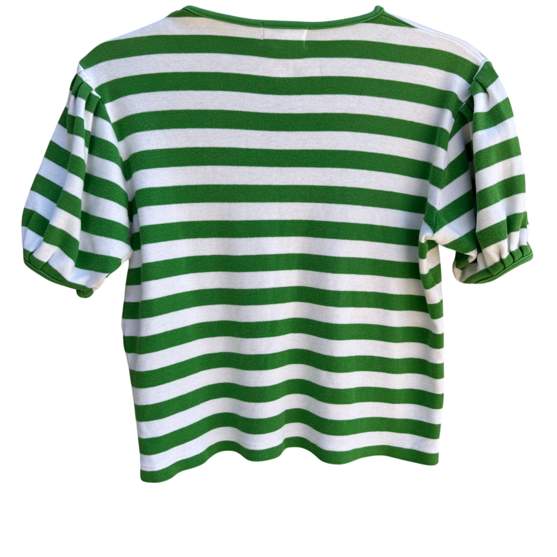 The Works Vintage Womens Green White Striped Pleated Puff Sleeve V-Neck Crop Top