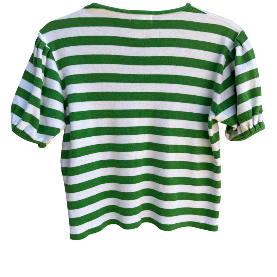The Works Vintage Womens Green White Striped Pleated Puff Sleeve V-Neck Crop Top