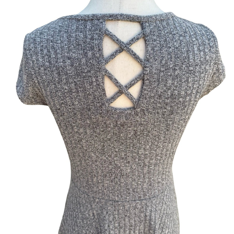 The Childrens Place Girls XXL 16 Grey Ribbed Marl Skater Dress Lattice Back NEW
