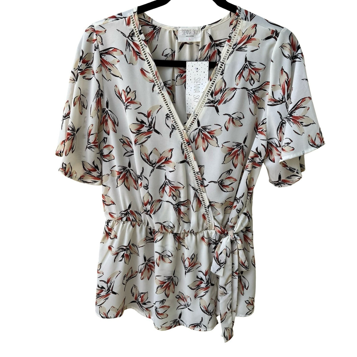Sienna Sky Cottagecore Boho Romantic Floral Peplum Wrap Lace Trim Blouse L NEW