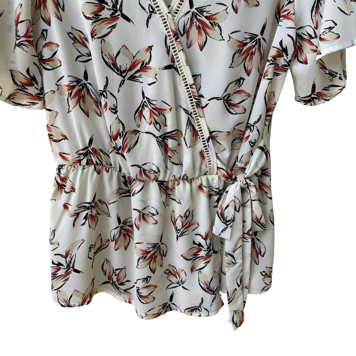 Sienna Sky Cottagecore Boho Romantic Floral Peplum Wrap Lace Trim Blouse L NEW