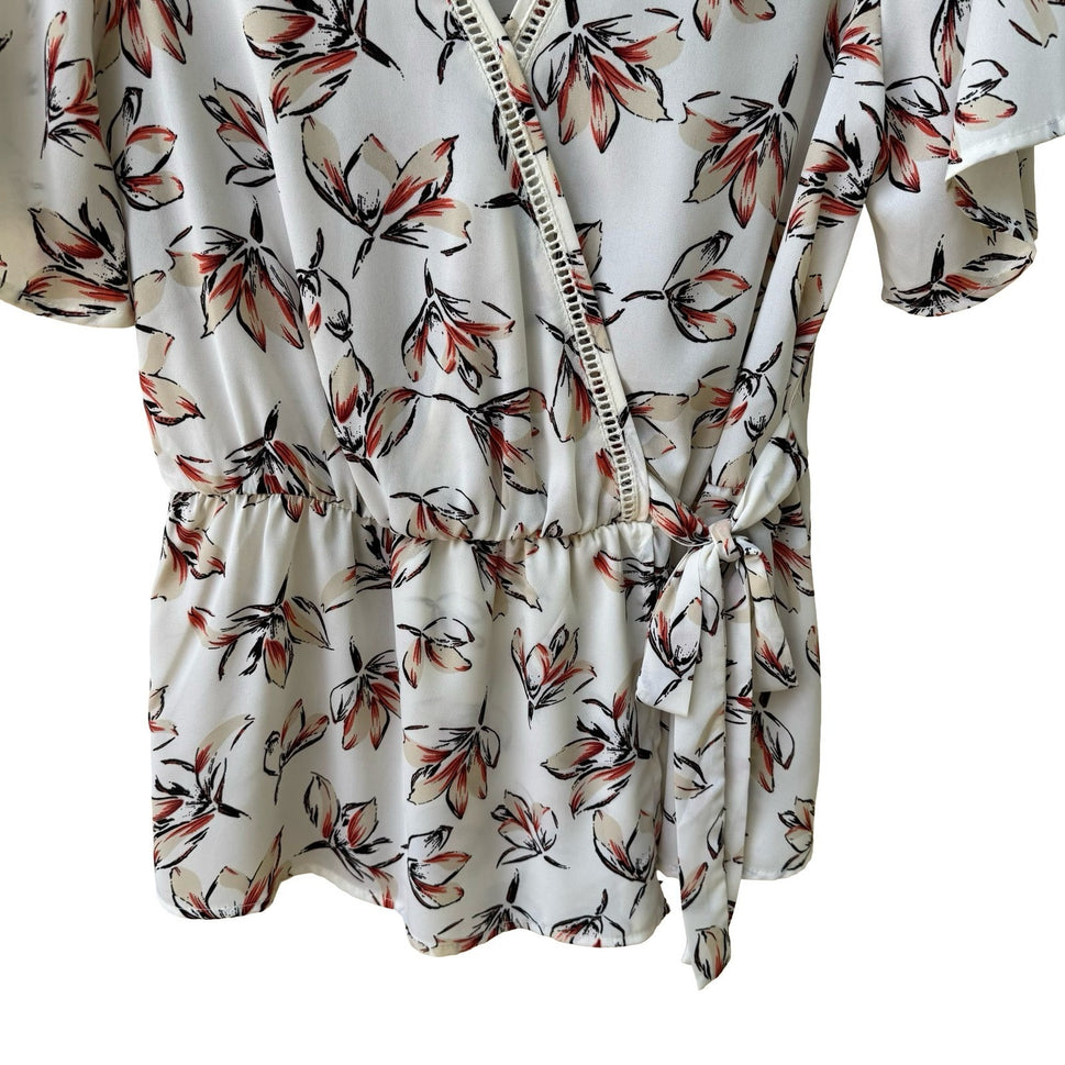 Sienna Sky Cottagecore Boho Romantic Floral Peplum Wrap Lace Trim Blouse L NEW