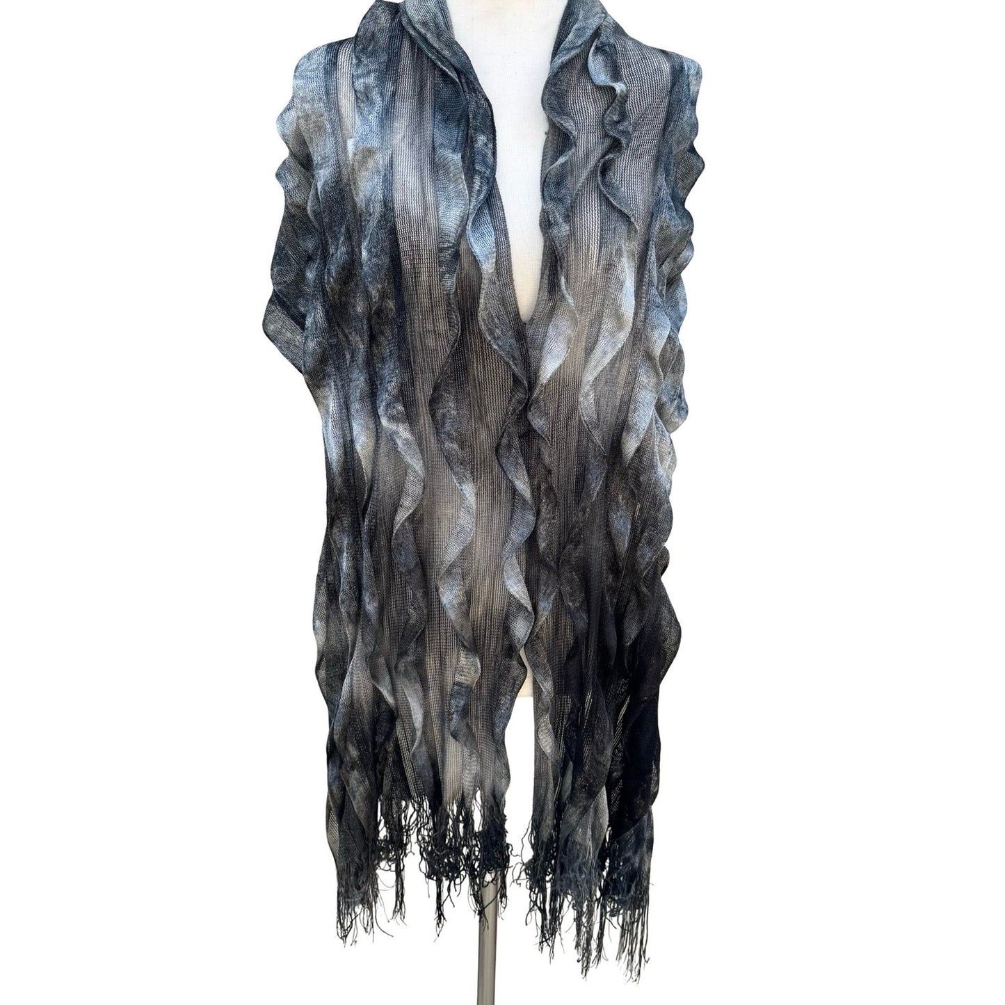 Grey Black Ombre Tiered Ruffle Mesh Knit Shawl Fringe Wrap Scarf Evening Shrug