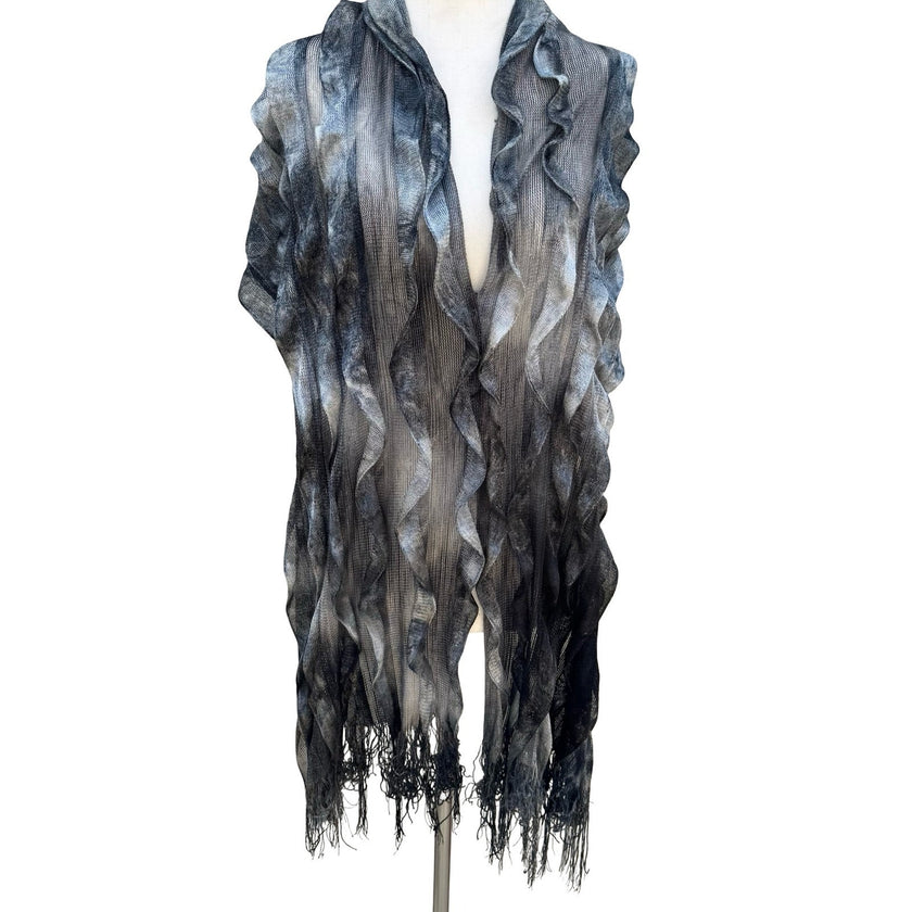 Grey Black Ombre Tiered Ruffle Mesh Knit Shawl Fringe Wrap Scarf Evening Shrug