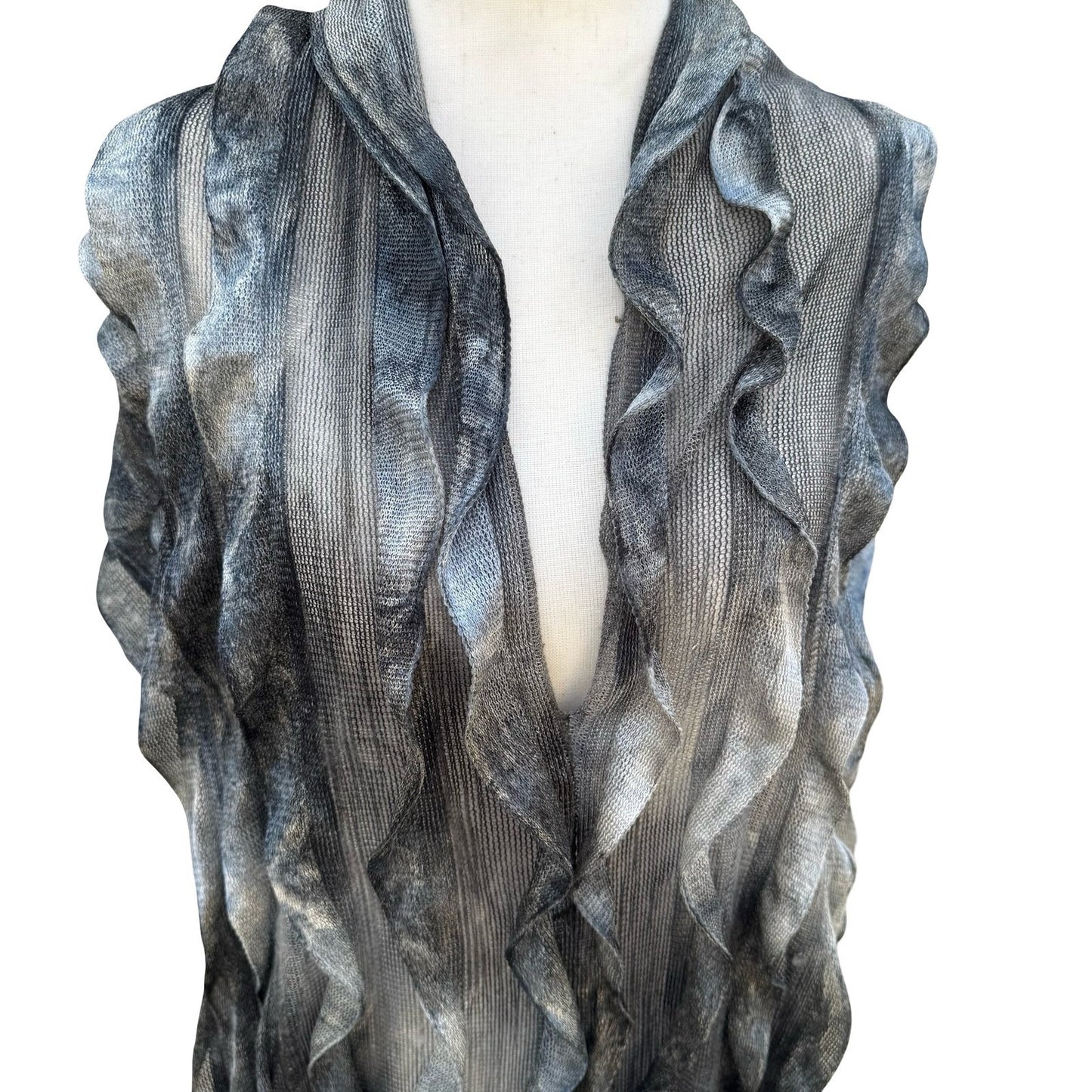 Grey Black Ombre Tiered Ruffle Mesh Knit Shawl Fringe Wrap Scarf Evening Shrug