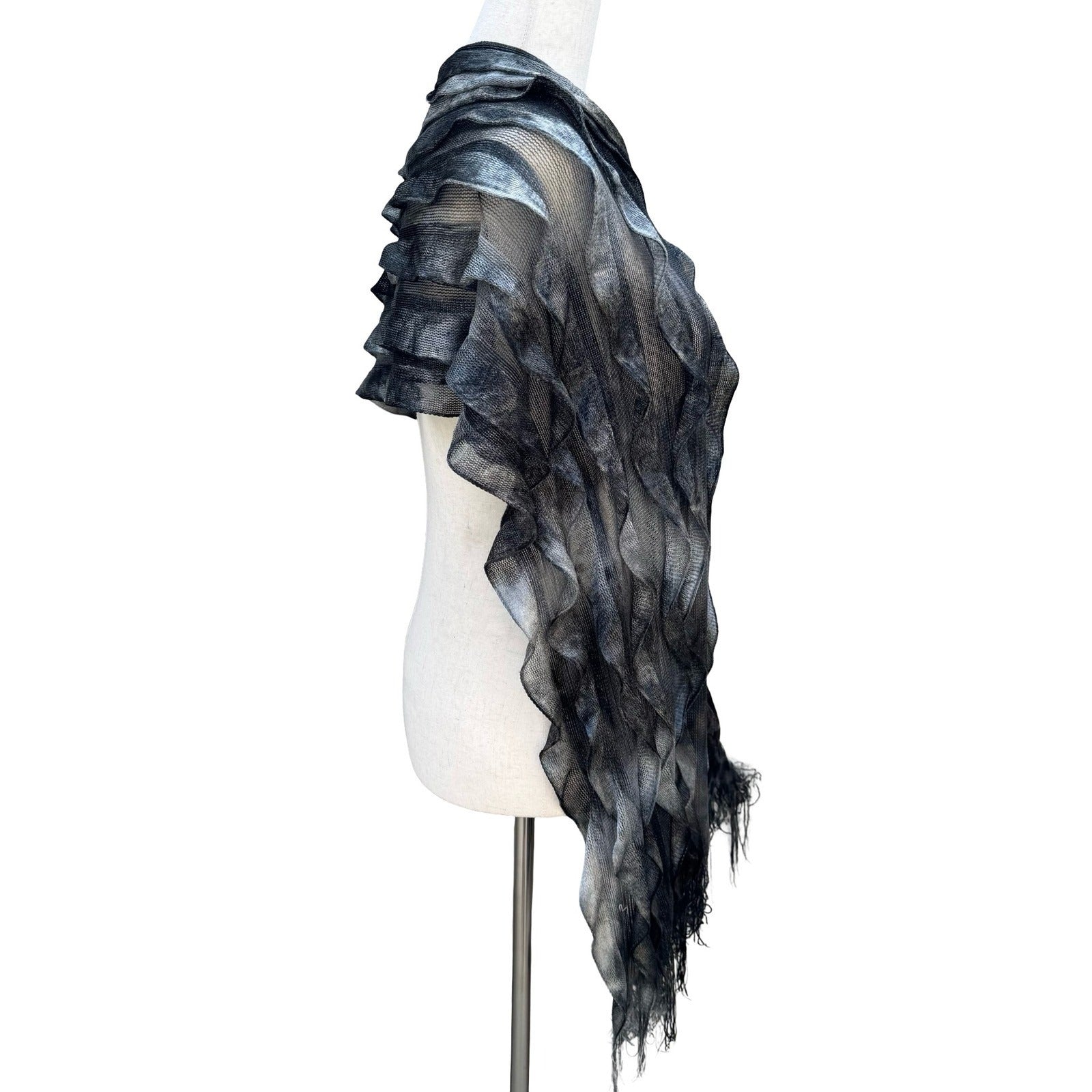 Grey Black Ombre Tiered Ruffle Mesh Knit Shawl Fringe Wrap Scarf Evening Shrug